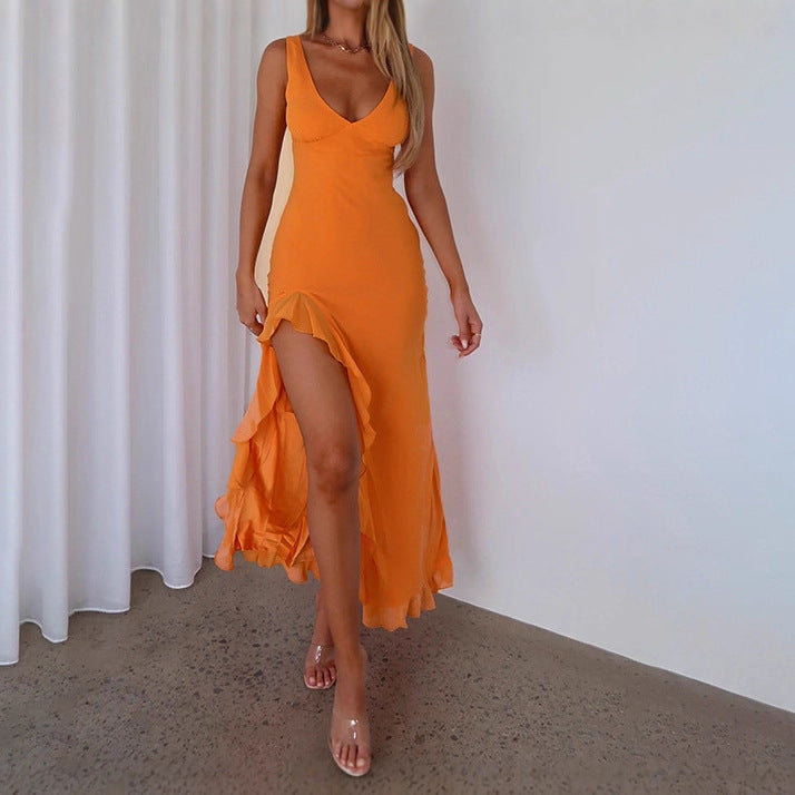 Damen Maxikleid mit tiefem V-Ausschnitt und asymmetrischem Rüschensaum EB