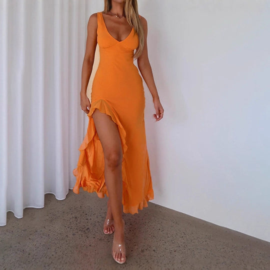 Damen Maxikleid mit tiefem V-Ausschnitt und asymmetrischem Rüschensaum EB