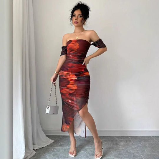 Damen Figurbetontes Midi-Kleid mit off-shoulder Design und elegantem Schlitz EB