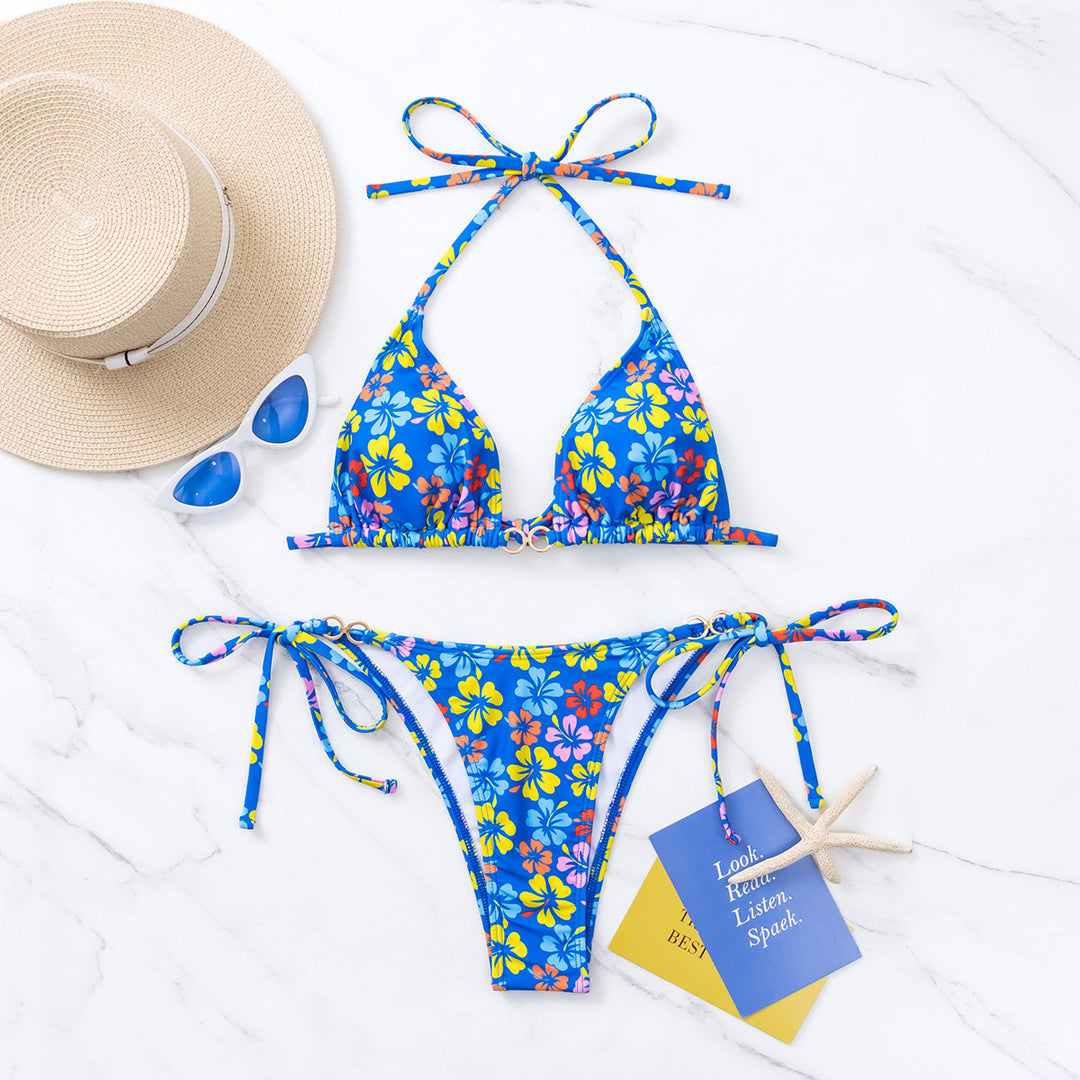 Damen Triangel-Bikini mit floralem Print und verstellbaren Schnüren EB