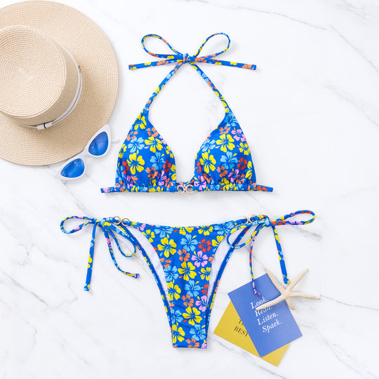 Damen Triangel-Bikini mit floralem Print und verstellbaren Schnüren EB