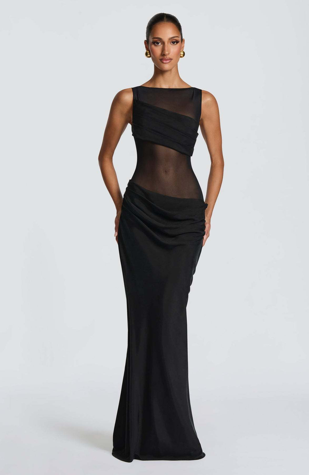 Damen Elegantes Abendkleid mit transparentem Oberteil und raffinierten Rüschen EB