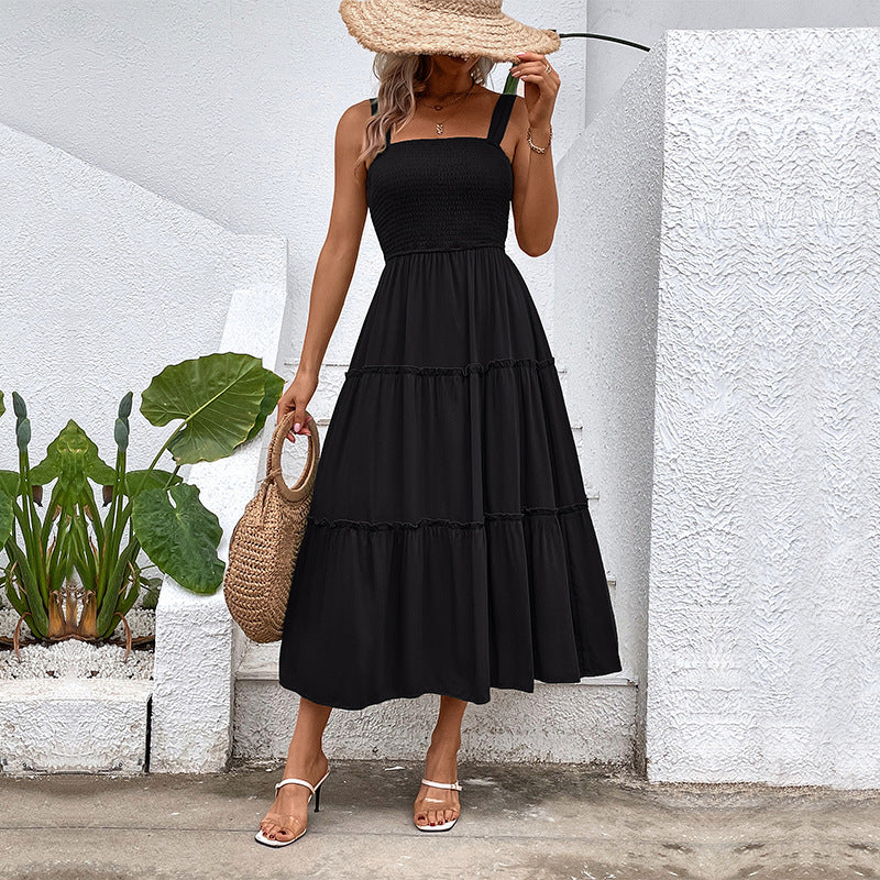 Damen Midikleid mit elastischem Oberteil und fließendem Rock EB