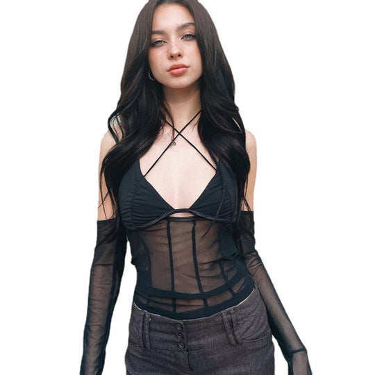 Damen Crop-Top mit transparentem Design und raffinierten Rüschenärmeln EB