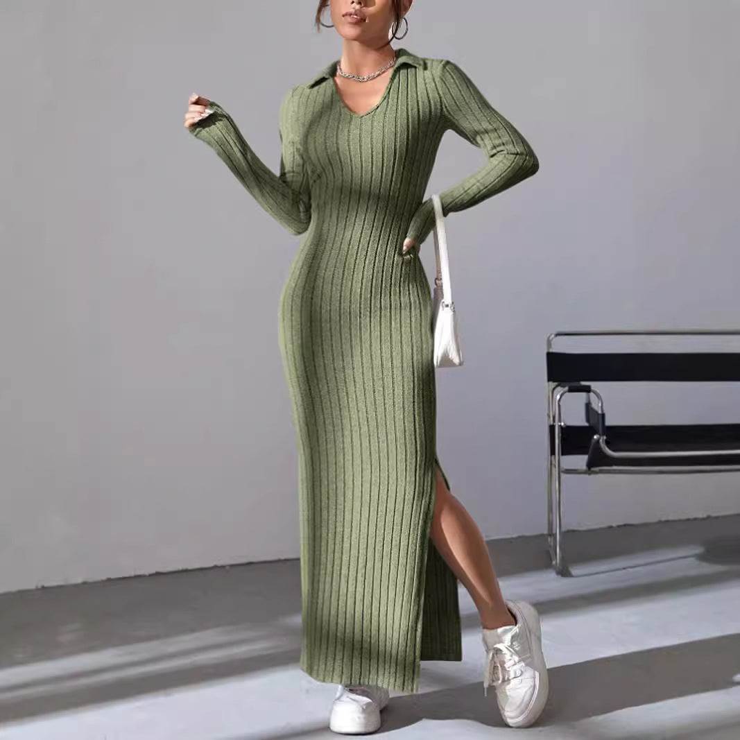 Damen Langarm Maxikleid mit V-Ausschnitt und seitlichem Schlitz EB