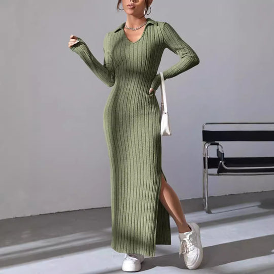 Damen Langarm Maxikleid mit V-Ausschnitt und seitlichem Schlitz EB