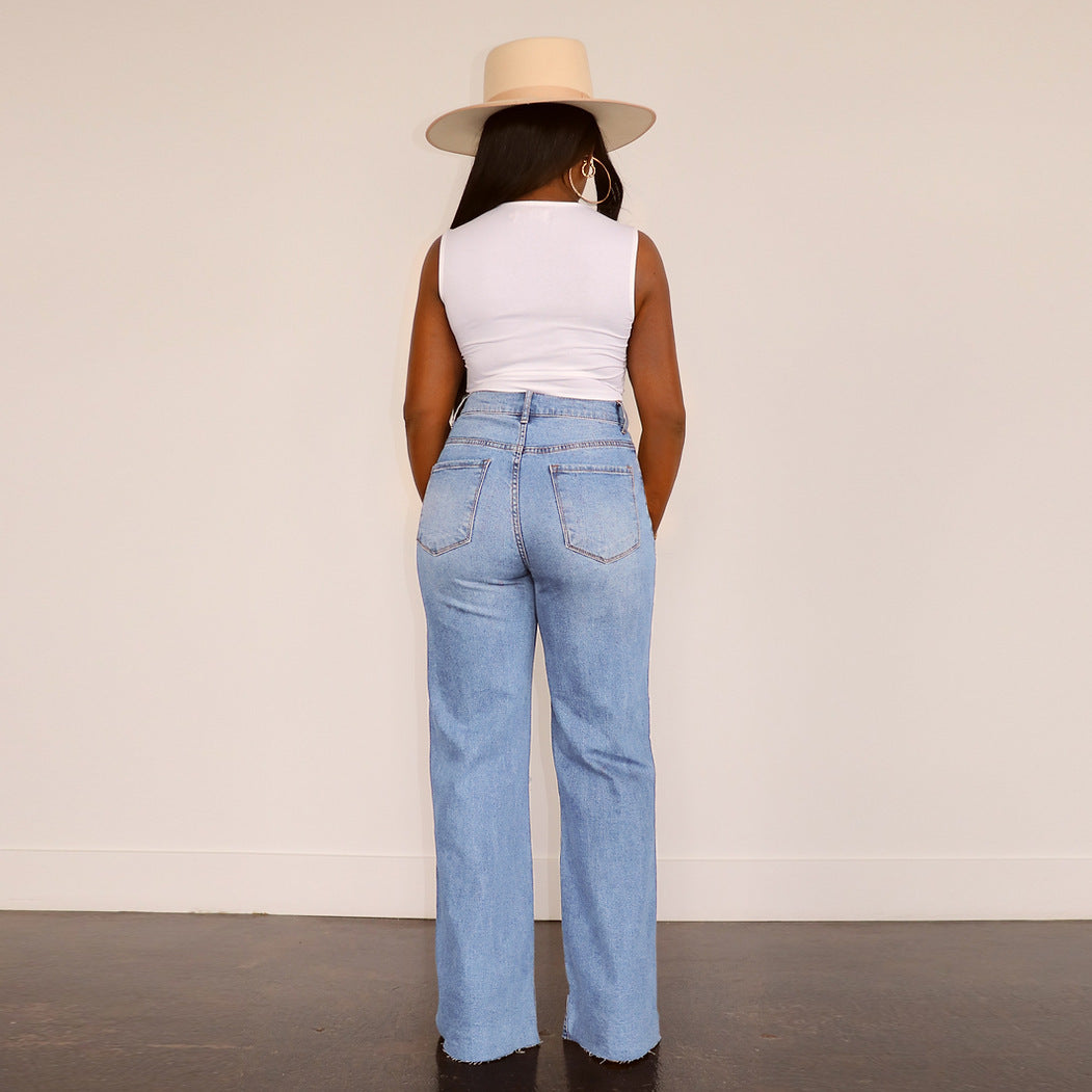 Damen Hochtaillierte Bootcut Jeans mit angesagtem Destroyed-Effekt EB