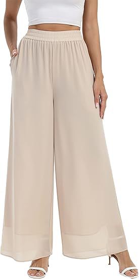 Damen Weit geschnittene Chiffon-Hose mit elastischem Taillenbund und hohen Seitentaschen EB