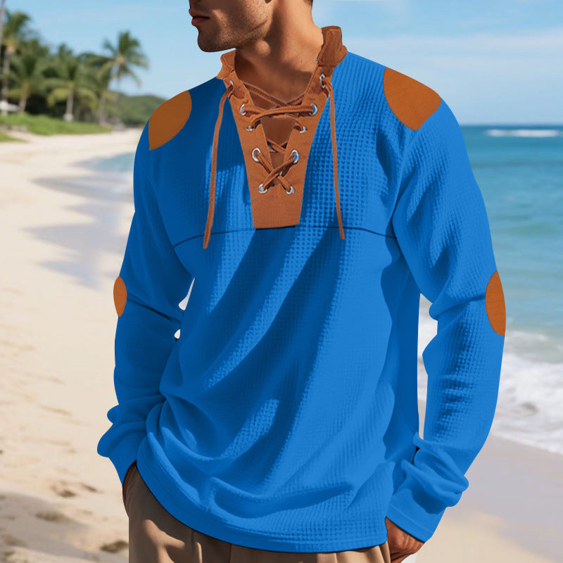 Herren lässiges Langarm-Henley-Shirt mit ausgefallenem Schnürdesign und kontrastrierenden Ellenbogen-Patches EB