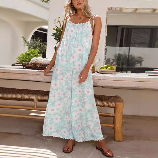 Damen luftiges Sommer-Jumpsuit mit Blumendruck und verstellbaren Trägern EB