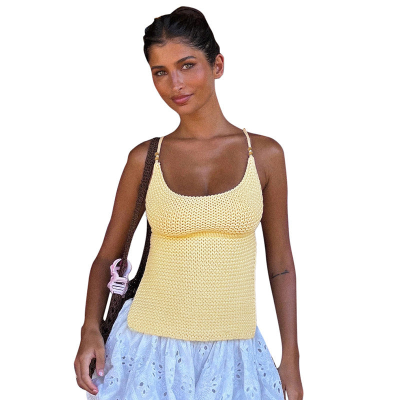 Damen luftiges Stricktop mit verstellbaren Trägern und dekorativem Saum EB