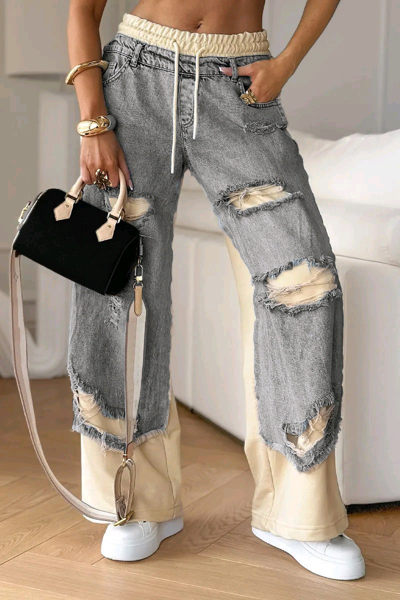 Damen nan weite Patchwork-Jeans mit elastischem Tunnelzugbund, Destroy-Look und kontrastierenden Sweat-Einsätzen EB