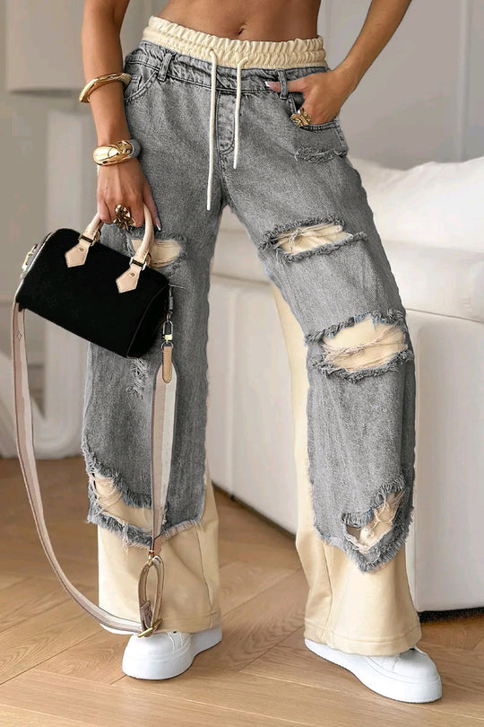 Damen nan weite Patchwork-Jeans mit elastischem Tunnelzugbund, Destroy-Look und kontrastierenden Sweat-Einsätzen EB