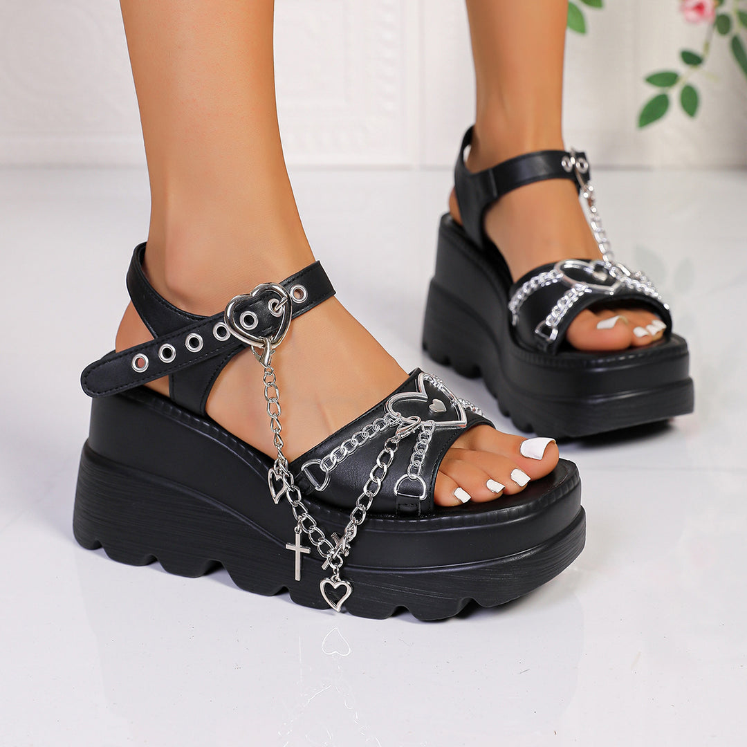 Damen Wedge-Sandaletten mit modischem Ketten- und Herzdesign EB