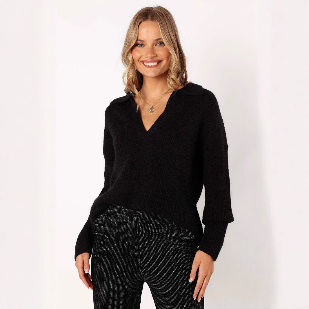 Damen lässiger Strickpullover mit modernem V-Ausschnitt und weit geschnittenen Ärmeln EB