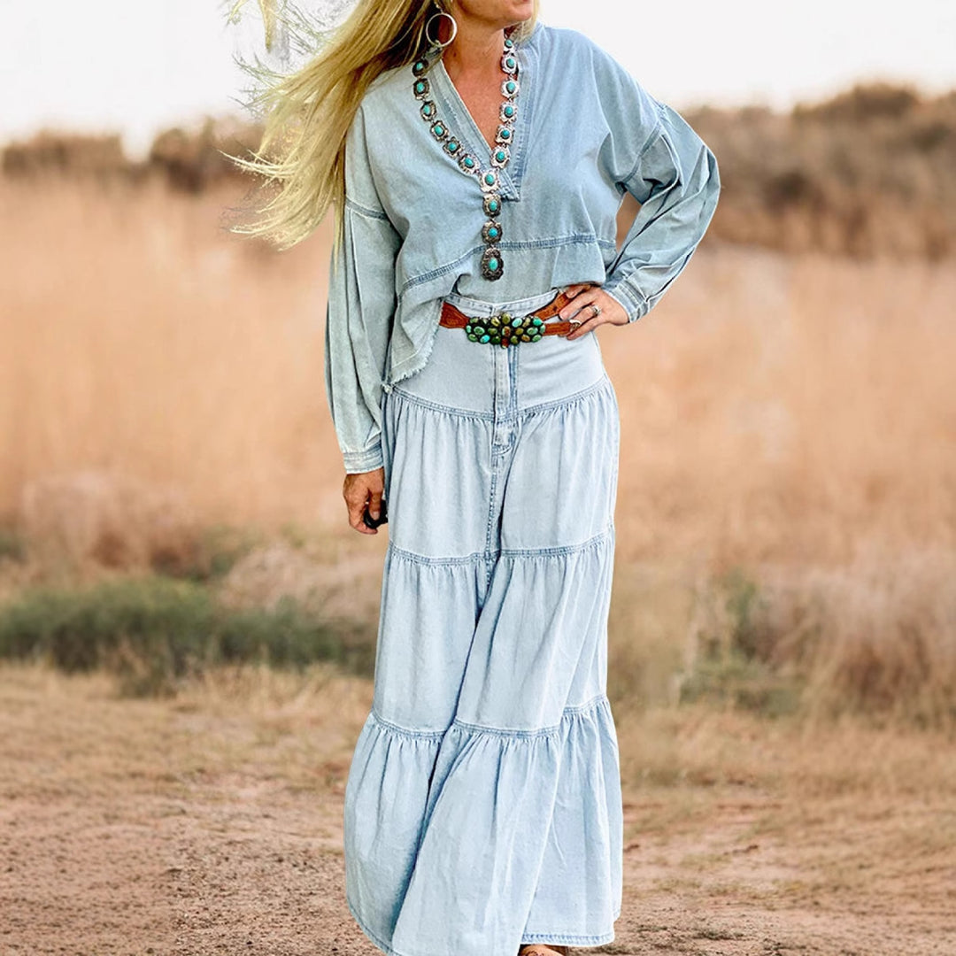 Damen Denim Maxikleid im Boho-Stil mit voluminösem Rock und Rüschen EB