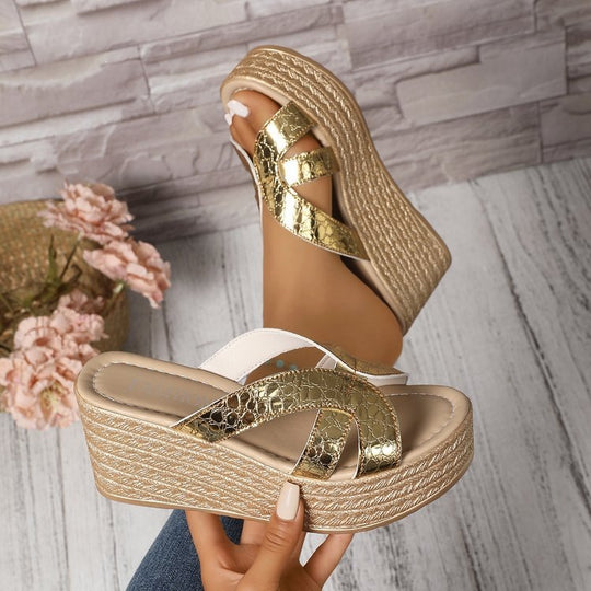 Damen Glamouröse Wedge-Sandalen mit Glitzer-Details EB