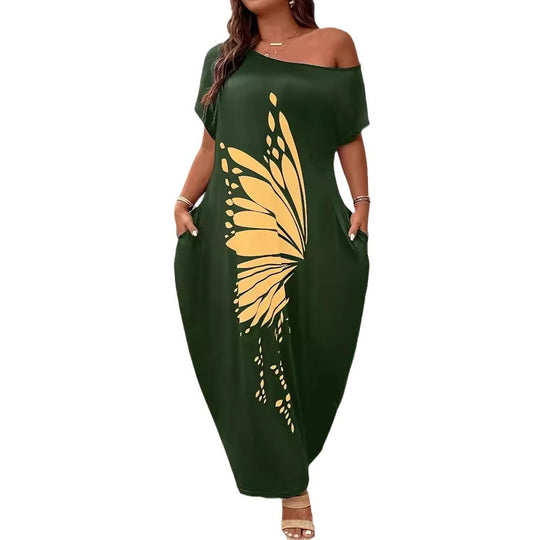 Damen Maxikleid mit XXL Schmetterlings-Motiv und schulterfreiem Design EB