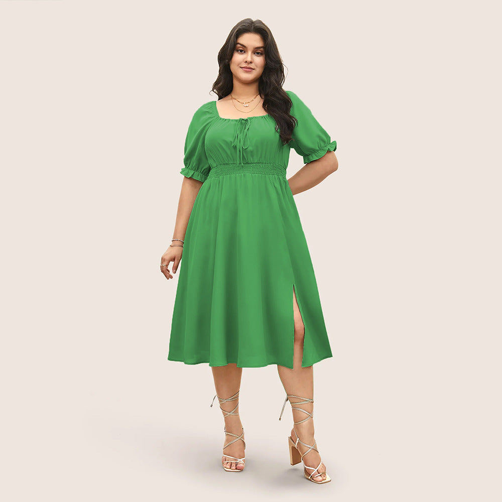 Damen Midi-Kleid mit Puffärmeln und elastischem Taillenbund EB
