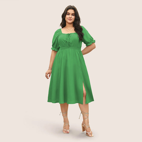 Damen Midi-Kleid mit Puffärmeln und elastischem Taillenbund EB