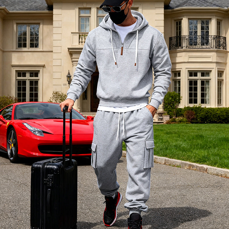 Herren nan lässiger Fleece-Jogginganzug mit halbem Reißverschluss und Cargo-Taschen EB