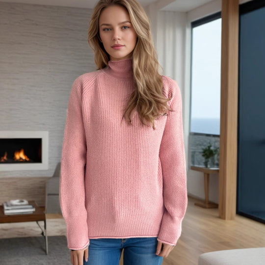 Damen Pullover mit hohem Kragen und strukturiertem Strickmuster EB