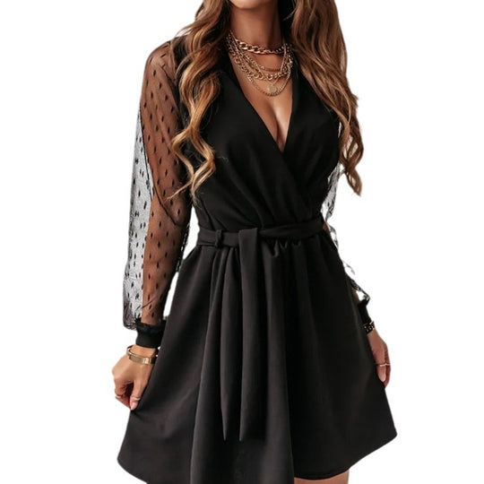 Damen Wickelkleid mit transparenten Puffärmeln und tailliertem Schnitt EB