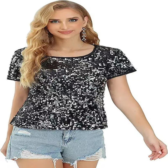 Damen Glitzerndes Pailletten T-Shirt mit lässigem Schnitt und komfortablem Baumwollmaterial EB