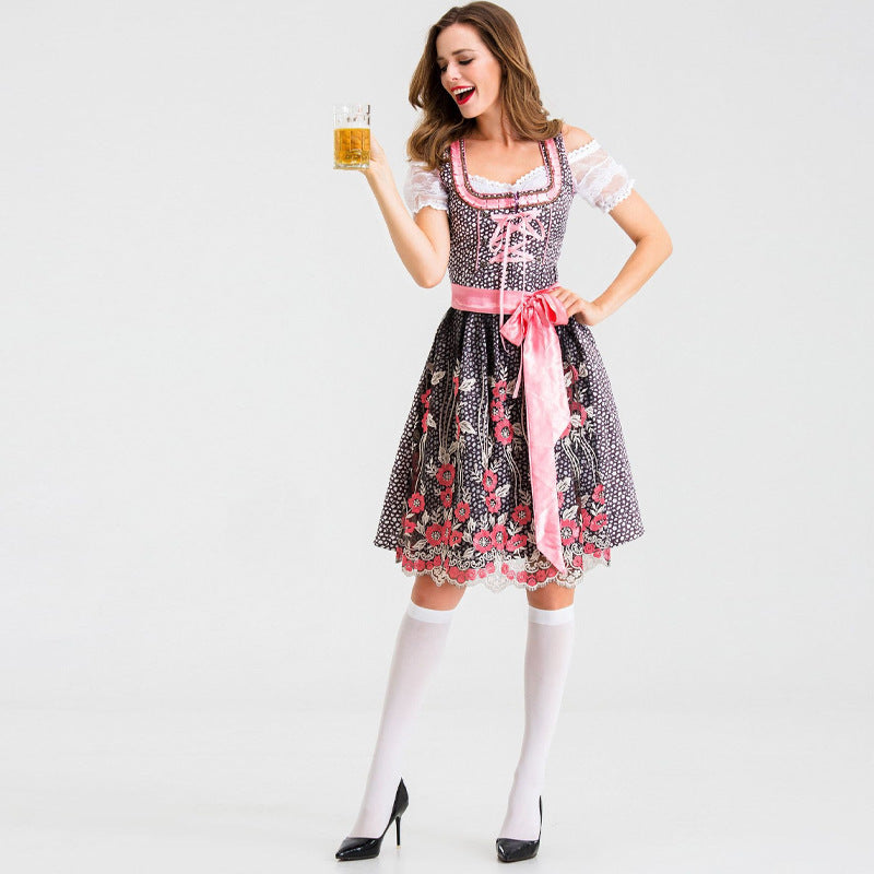 Damen nan traditionelles Kurzdirndl mit Spitzenärmeln, Schnürung und floraler Schürze EB