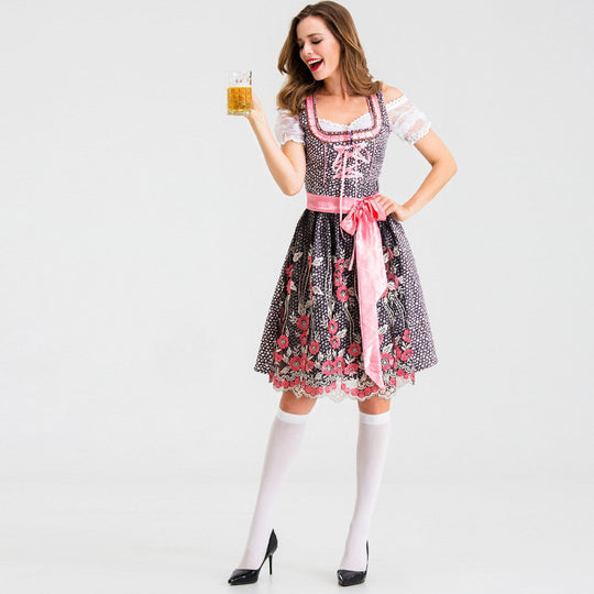 Damen nan traditionelles Kurzdirndl mit Spitzenärmeln, Schnürung und floraler Schürze EB