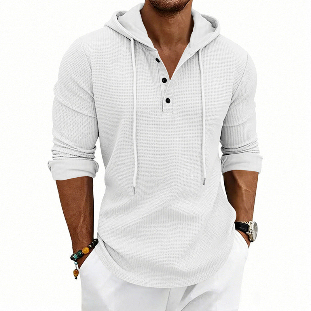 Herren Waffelstrick-Henley-Hoodie mit Knopfleiste und Kapuze EB