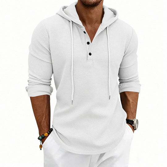 Herren Waffelstrick-Henley-Hoodie mit Knopfleiste und Kapuze EB
