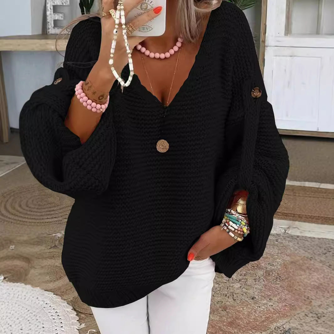 Damen lässiger Strickpullover mit tiefem V-Ausschnitt und weitem Schnitt EB