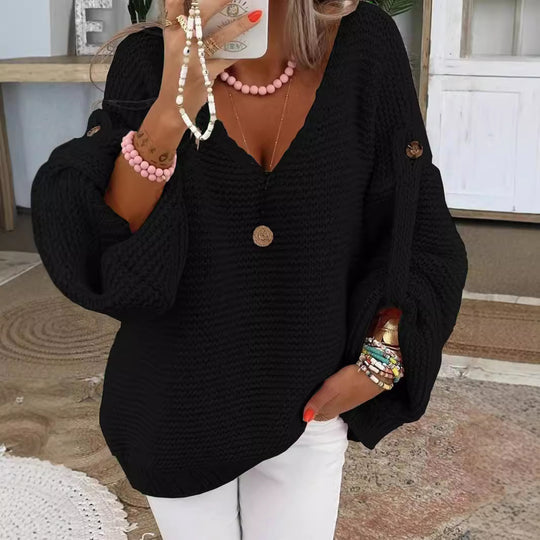 Damen lässiger Strickpullover mit tiefem V-Ausschnitt und weitem Schnitt EB