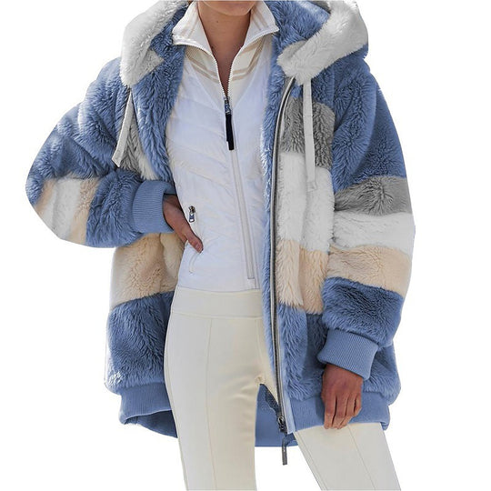 Damen nan kuschelige Oversize Kunstpelzjacke mit Kapuze, Blockstreifen und Rippbündchen EB