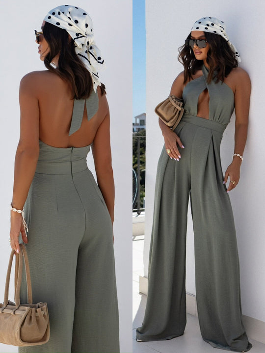 Damen Jumpsuit mit tiefem V-Ausschnitt und weiten Beinen EB