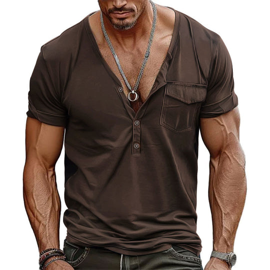 Herren Kurzarm-Henley-T-Shirt mit dekorativer Brusttasche und modernem Schnitt EB