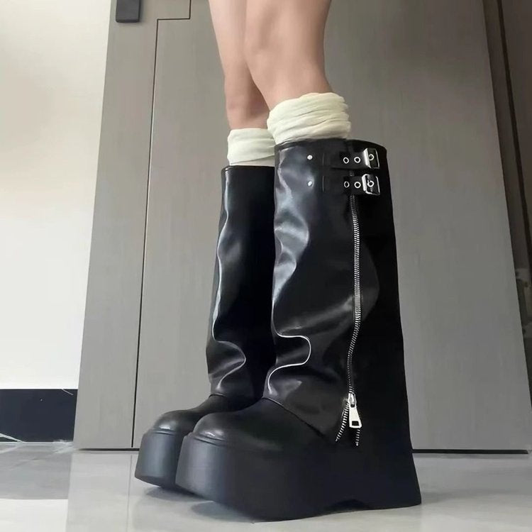 Damen Overknee Stiefel mit verstellbaren Riemen und modischem Reißverschluss EB
