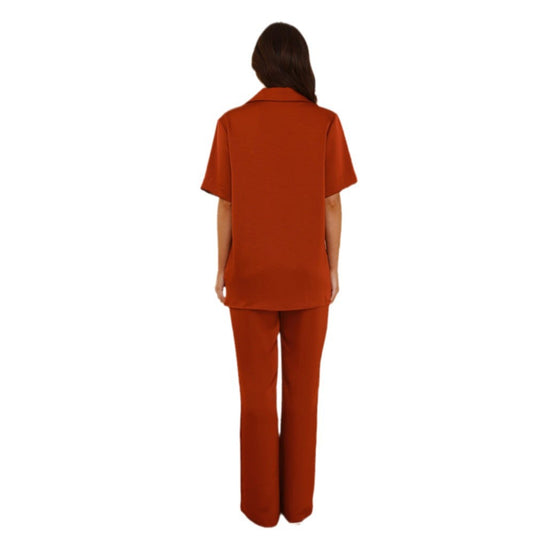 Damen Elegantes Satin-Pyjama-Set mit klassischem Kragen und bequemen weit geschnittenen Hosen EB