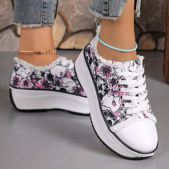 Damen Plattform-Sneaker mit floralem Design und hoher Sohle EB