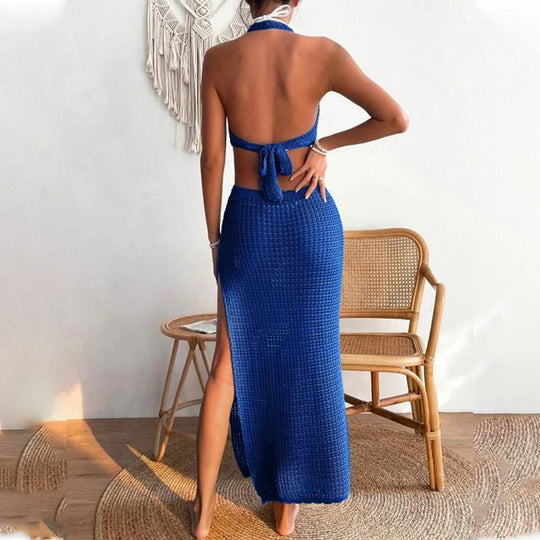 Damen elegantes Häkelkleid mit tiefem Ausschnitt EB