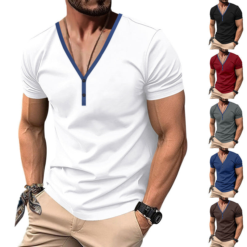 Herren Kurzarm Henley-T-Shirt mit V-Ausschnitt und Knopfdetail EB