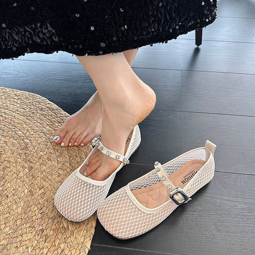 Damen Ballerinas mit dekorativem Netzdesign und funkelndem Riemen EB