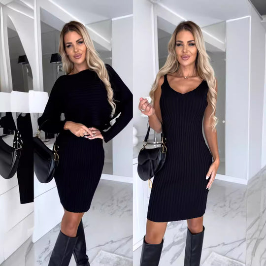 Damen Strickkleid mit V-Ausschnitt und Langarm EB
