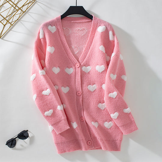 Damen gemütliche Strickjacke mit Herzmuster und V-Ausschnitt EB