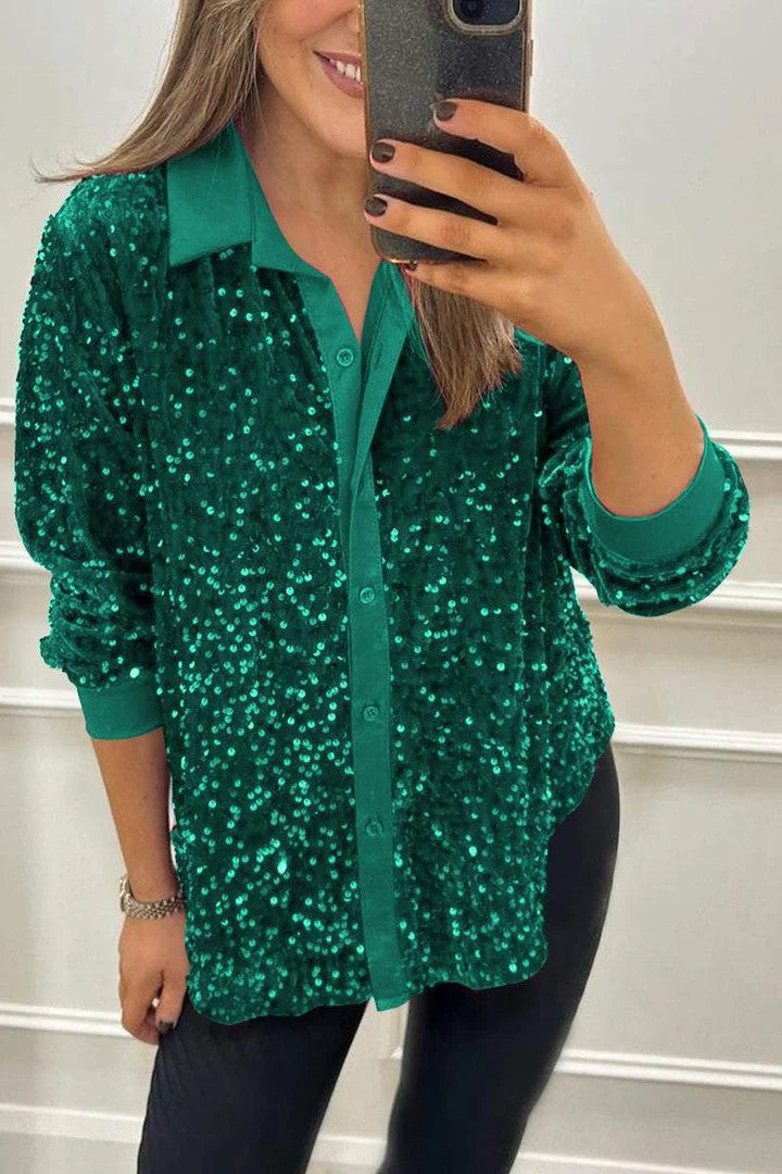 Damen Glitzernde Bluse aus Pailletten mit klassischem Kragen EB