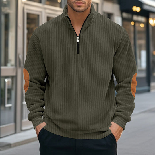 Herren nan Troyer-Halbfleecepullover mit Rippstruktur, elastischen Bündchen und Kontrast-Ellenbogenpatches EB