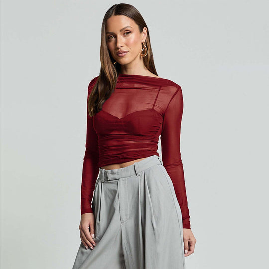 Damen Elegantes Langarmoberteil mit transparentem Mesh und Raffung EB