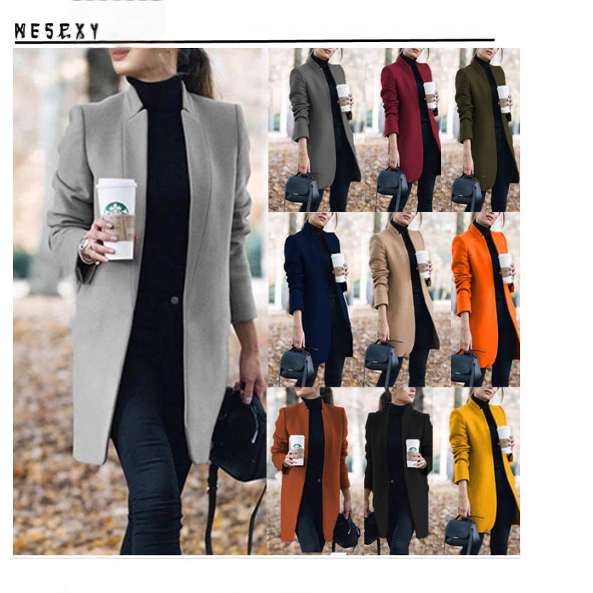 Damen nan taillierter Longblazer-Mantel mit Stehkragen und verdeckter Verschlussleiste EB