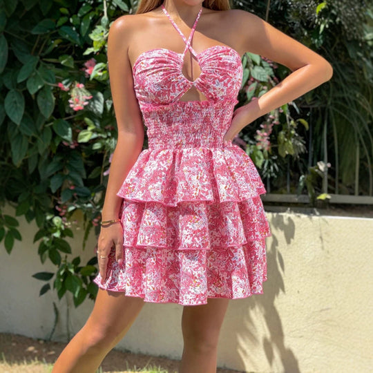 Damen Rüschenkleid mit schulterfreiem Design und floralem Muster EB